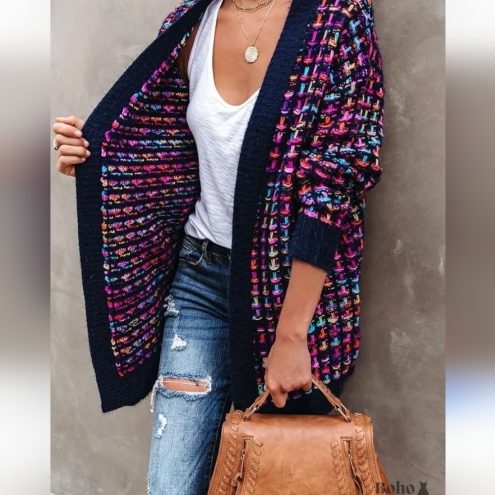 Papillon knit Cardigan Rainbow check Multicolour Speckles.  Woman's Size Medium